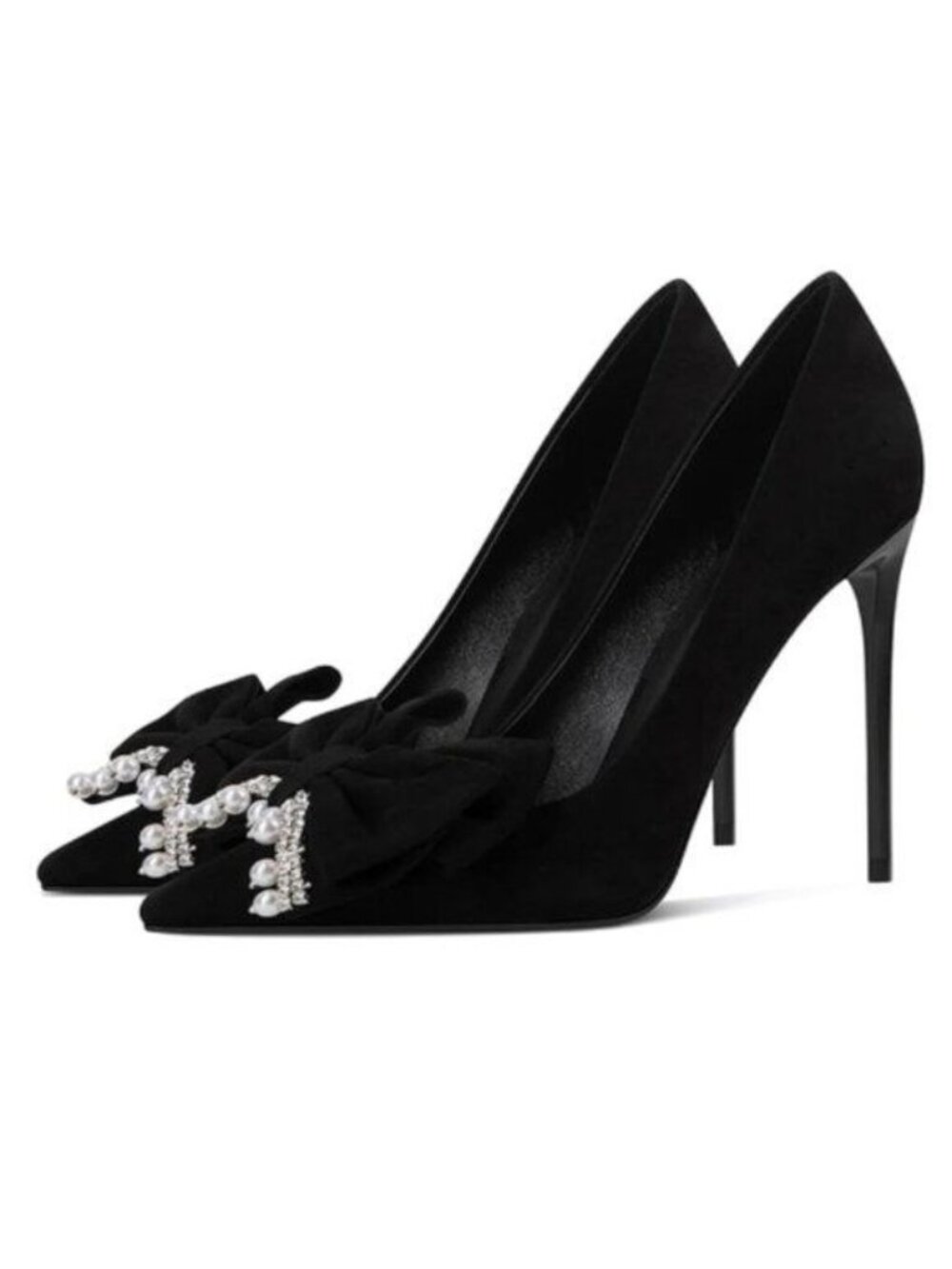 FSJ Women Black Pointed Toe Glitter Rhinestone High Heel Wedding Pump Bowknot